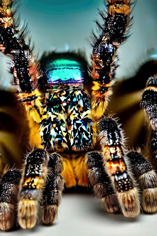 Image similar to high quality macro photo iridescent tarantula! jewelled supercute! highly detailed david ligare elson peter cinematic blue neon lighting high quality low angle hd 8k sharp shallow depth of field