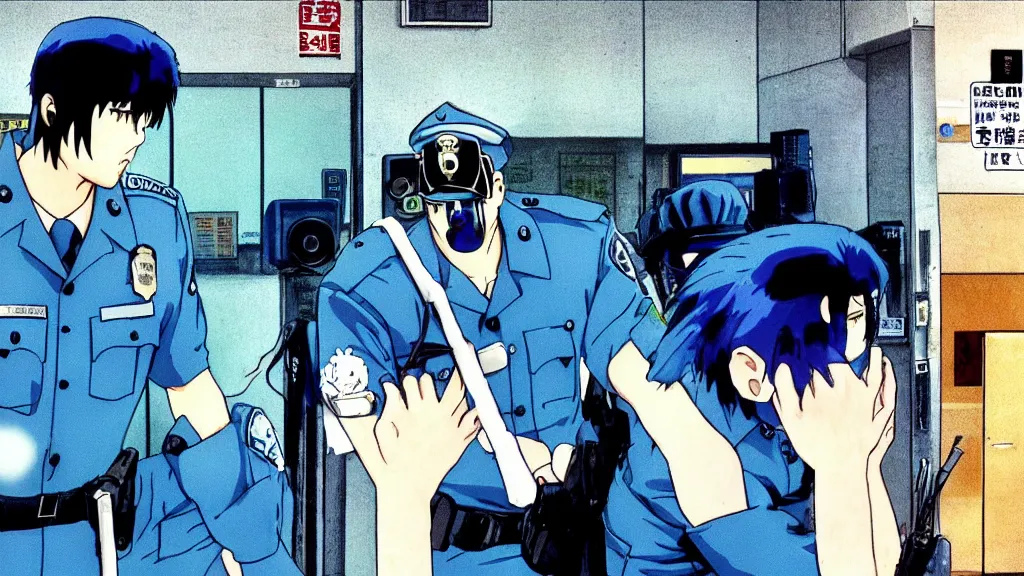 Image similar to a cop wearing a blue skunk mask standing in a police station, anime film still from the an anime directed by Katsuhiro Otomo with art direction by Salvador Dalí, wide lens