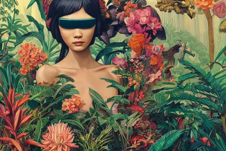 Prompt: evangelionic illustration, gigantic girl head, a lot of exotic vegetation, trees, tremendous pleasure robot, flowers, oldschool vintage sci - fi flat surreal design, super - detailed, oil painting by unji ito, tristan eaton, victo ngai, artgerm, rhads, ross draws,, hd, 4 k, high quality