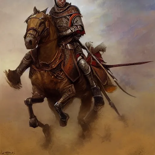 Prompt: a crusader on his warhorse, fantasy character portrait by Donato Giancola, Craig Mullins, digital art, trending on artstation