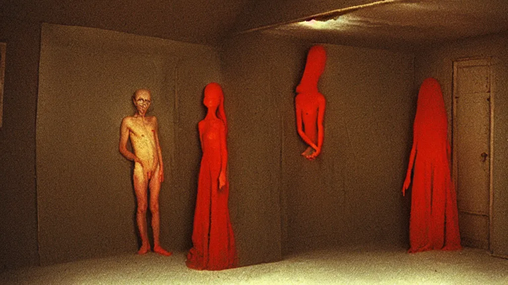 Image similar to the strange creature in the box in the attic, they look at me, film still from the movie directed by wes anderson and david cronenberg with art direction by salvador dali and zdzisław beksinski, wide lens