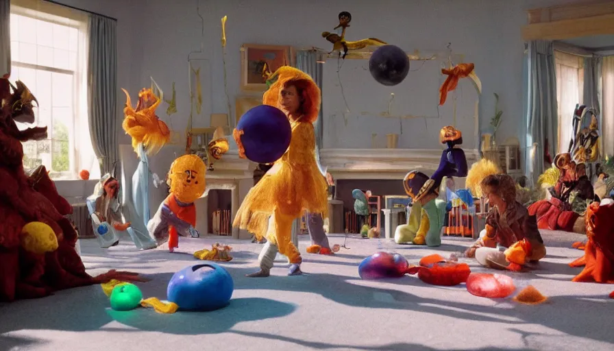 Image similar to movie still by alejandro jodorowsky of a beautiful day in a family living room in suburban usa, visible magic energy, dream creature costumes, floating planets, fish, parade floats, cinestill 8 0 0 t eastmancolor technicolor, high quality, very detailed, heavy grain, fine facial features, 8 k, octane render