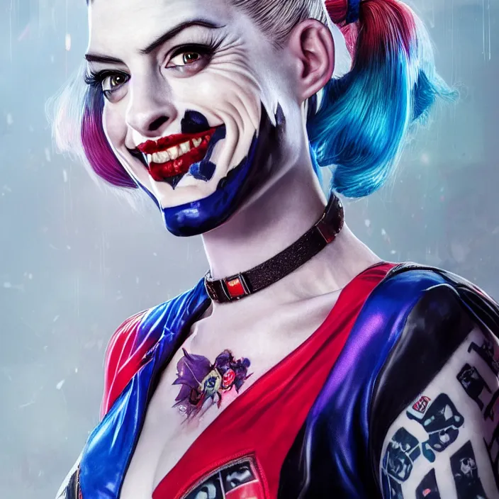 Image similar to portrait of Anne Hathaway as a harley quinn in Suicide Squad. HD,4K. intricate. intricate artwork. by Tooth Wu, wlop, beeple, dan mumford. octane render, trending on artstation, greg rutkowski very coherent symmetrical artwork. cinematic, hyper realism, high detail, octane render, 8k, iridescent accents