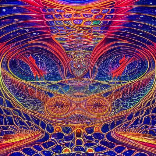 Prompt: beautiful and highly detailed painting of the inside of a dmt hyperspace filled with intricate and perfect patterns surrounded by infinite detailed rooms by moebius and alex grey