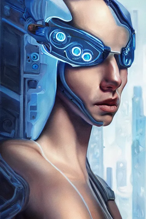 Prompt: ultra realist and ultra intricate detailed soft painting of a cyberpunk sci-fi male, from the waist up, porcelain skin, symmetry features, glowing blue eyes, sensual gloomy style, volumetric clouds, cyberpunk window overlooking earth in background