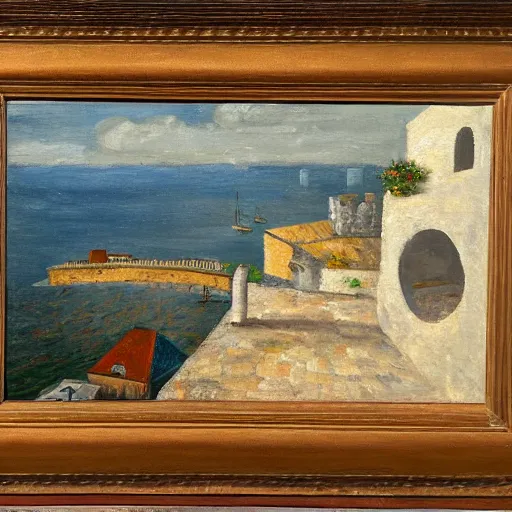 Prompt: the cat is sitting on the roof and looking at the bay and the fortress, oil painting