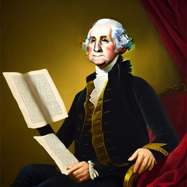 Image similar to ultra - realistic horrifying painting of george washington in a suit reading a dead sea scroll by candlelight, by dave dorman, paul carrick, dark, brooding, volume lighting, atmospheric lighting, painted, intricate, ultra detailed, well composed, best on artstation, cgsociety, epic, stunning, gorgeous, intricate detail, wow, masterpiece