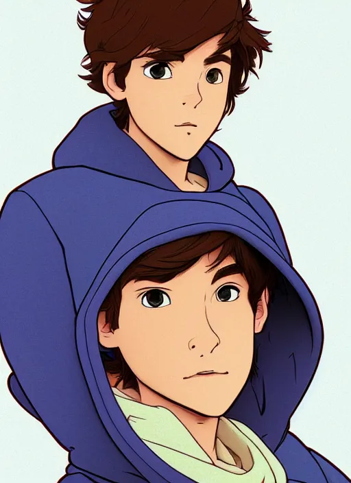 Image similar to teen boy with brown hair and big blue eyes, wearing a hoodie, natural lighting, path traced, highly detailed, high quality, cartoon, digital painting, by don bluth and ross tran and studio ghibli and alphonse mucha