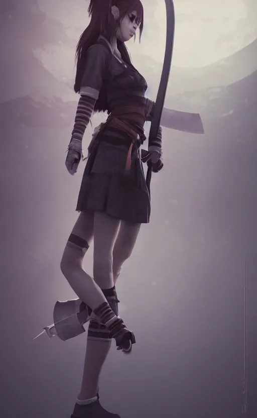 Image similar to school girl holding a katana, gloomy and foggy atmosphere, octane render, cgsociety, artstation trending, horror scene, highly detailded