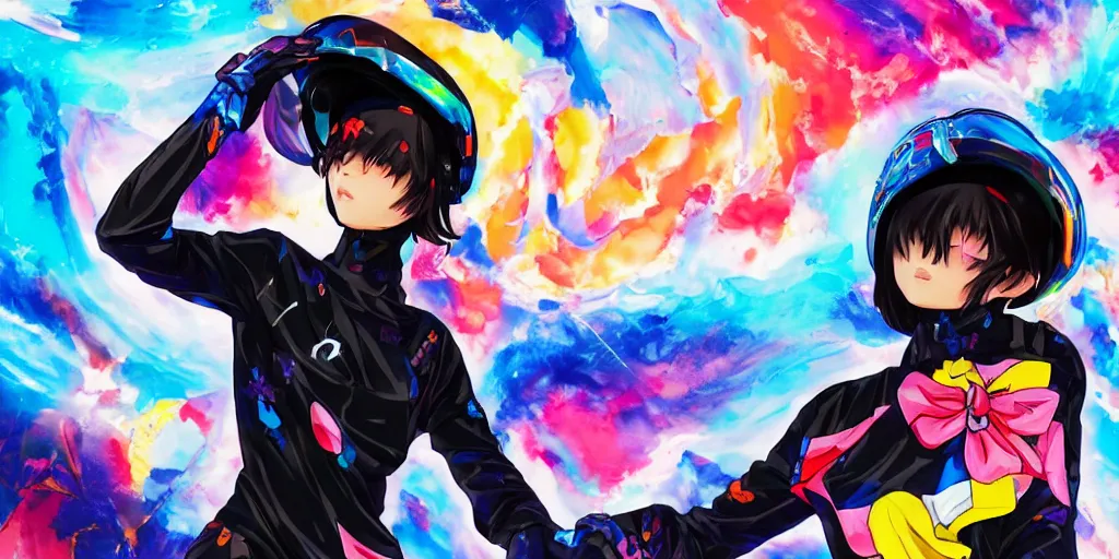 Prompt: : extremely beautiful illustration a black marble statue of an anime girl with colorful skateboard logos all over and helmet with closed visor, colorful hyperbolic background, fine art, neon genesis evangelion, virgil abloh, offwhite, denoise, highly detailed, 8 k, hyperreal