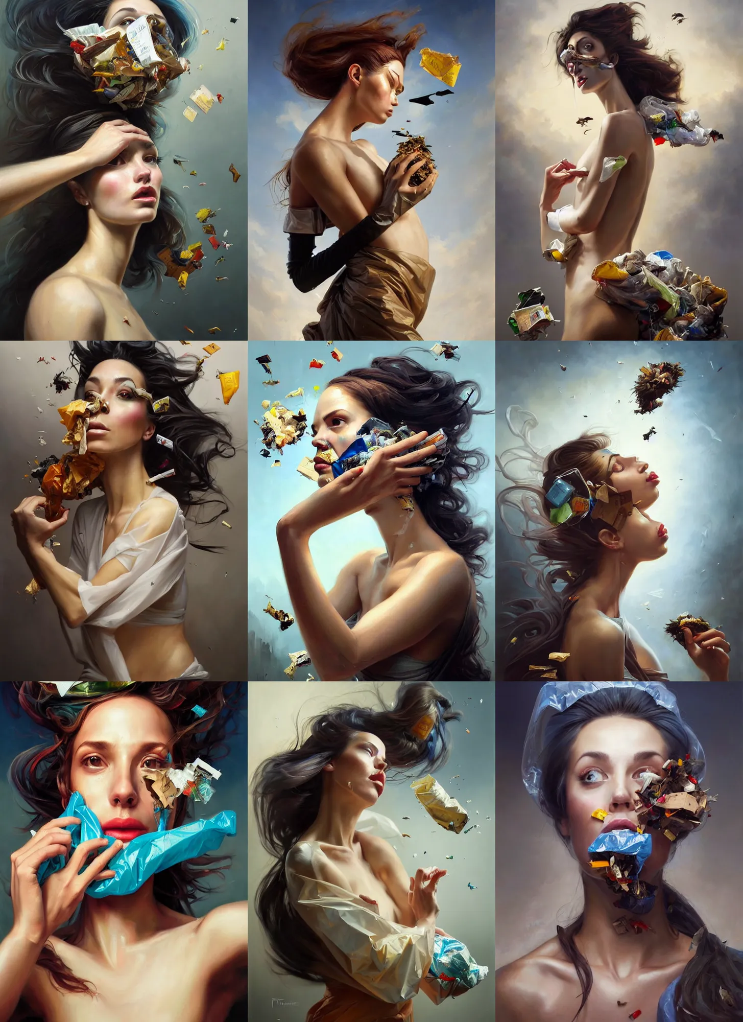 Prompt: fine art portrait oil painting of a beautiful woman with garbage flying into her face, wearing a plastic garbage bag, long hair, perspective, ultra detailed, elegant, intricate, dynamic lighting, hyperrealism, sharp focus, art by peter mohrbacher and artgerm and andrei riabovitchev