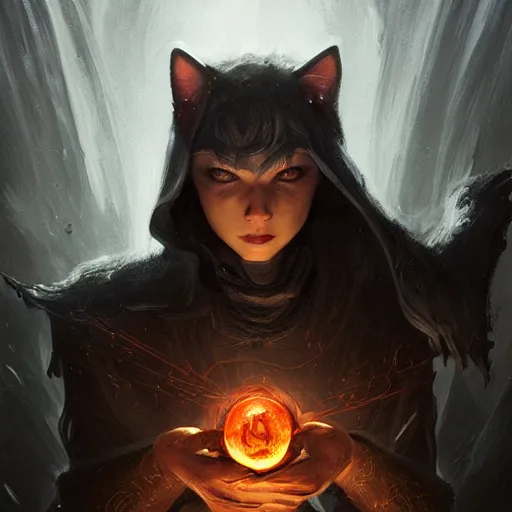 Image similar to Cat Mage, spell, fog, darkness, evil, magic the gathering artwork, D&D, fantasy, cinematic lighting, centered, symmetrical, highly detailed, digital painting, artstation, concept art, smooth, sharp focus, illustration, volumetric lighting, epic Composition, 8k, art by Akihiko Yoshida and Greg Rutkowski and Craig Mullins, oil painting, cgsociety