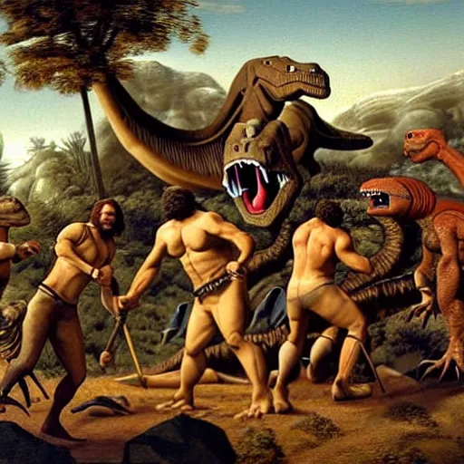 Image similar to A large dinosaur fighting with several realistic detailed cavemen with proportioned bodies, next to the dinosaur are cavemen, one caveman wearing animal furs is stabbing the dinosaur with his spear, one caveman wearing animal furs is cowering in fear, coarse canvas, visible brushstrokes, intricate, extremely detailed painting by Giorgione (and by Greg Rutkowski)