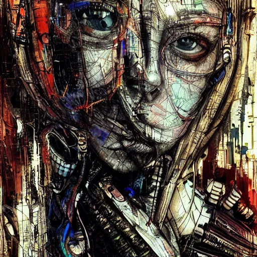 Image similar to woman wearing gown made of mech mask rendered in unreal engine, cyberpunk, rave, scifi, painted by albrecht durer | bernard buffet | carne griffiths | wlop