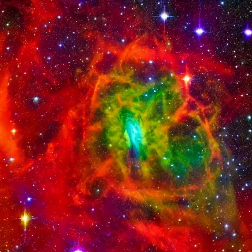 Image similar to a vivid space nebula, flowting in international space, forming starts, supernova explosions