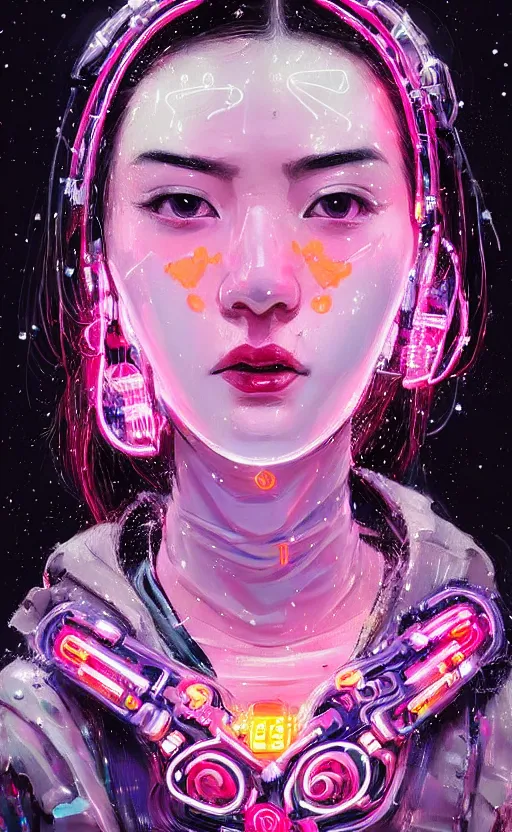 Prompt: detailed portrait petite white brunette woman with asian eyes and thick lip Neon Operator girl, cyberpunk futuristic neon, reflective puffy coat, decorated with traditional Japanese ornaments by Ismail inceoglu dragan bibin hans thoma !dream detailed portrait Neon Operator Girl, cyberpunk futuristic neon, reflective puffy coat, decorated with traditional Japanese ornaments by Ismail inceoglu dragan bibin hans thoma greg rutkowski Alexandros Pyromallis Nekro Rene Maritte Illustrated, Perfect face, fine details, realistic shaded, fine-face, pretty face