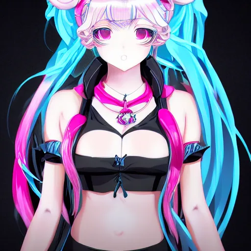 Image similar to stunningly beautiful omnipotent megalomaniacal anime goddess who looks like junko enoshima with porcelain skin, pink twintail hair and mesmerizing cyan eyes, symmetrical perfect face smiling in a twisted, mischievous, devious and haughty way while looking down upon the viewer and taking control, mid view, hyperdetailed, 2 d, 8 k