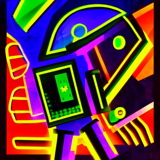 Image similar to robot surrealism with cubist neon light-trail chromatic aberration