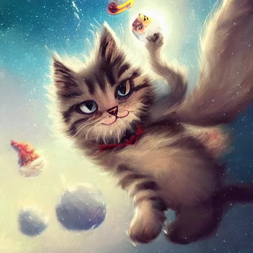 Image similar to cartoonish kitten wearing a wizard cat and a fake beard floating in space, bright stars, anime, a fantasy digital painting by Greg Rutkowski and James Gurney, trending on Artstation, highly detailed