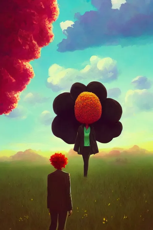 Prompt: portrait, giant flower as the head, black woman in suit, surreal photography, golden hour, colorful clouds, impressionist painting, digital painting, artstation, simon stalenhag