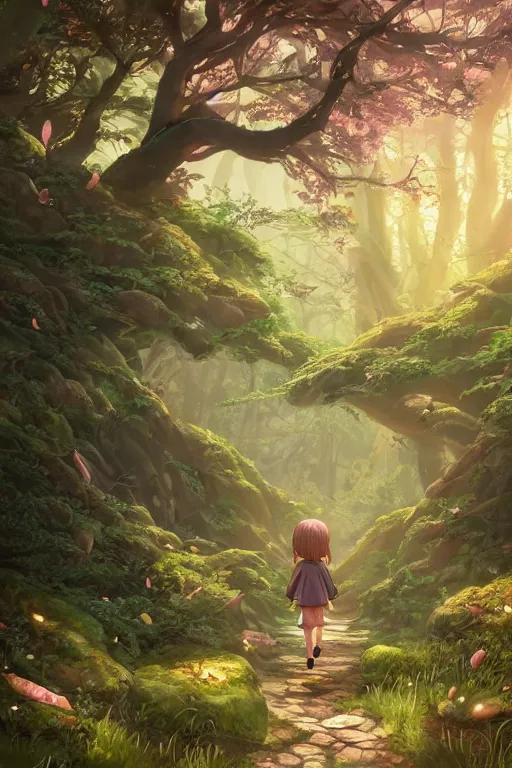 Image similar to forest path, fairy, beautiful ancient trees, hiding large treasure chest, glowing fireflies, serene evening atmosphere, soft lens, soft light, cel - shading, animation, in the style of cgsociety, deviantart, artstation, zbrush, cinema 4 d, studio ghibli, akihiko yoshida, atelier lulua, masamune shirow