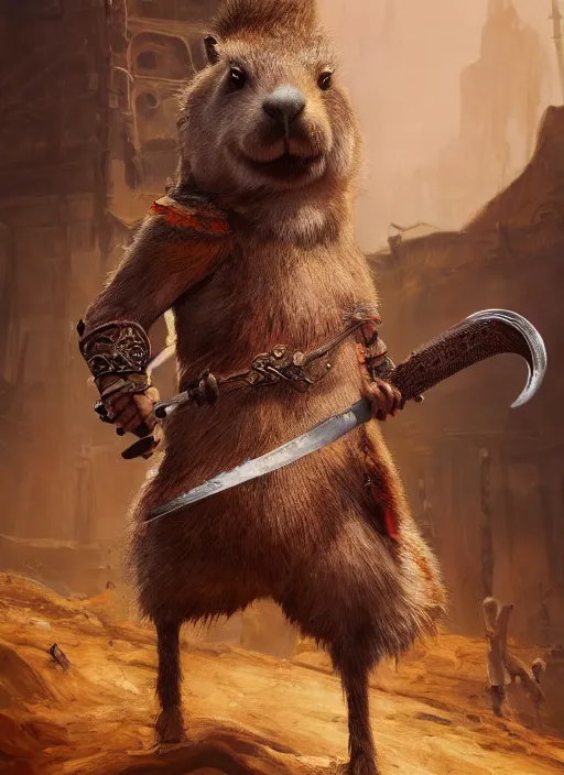 Prompt: detailed full body concept art illustration, oil painting on canvas of an anthropomorphic capybara barbarian swinging a two handed sword in full intricate clothing, biomutant, dystopian, micro detail, octane render, 4K