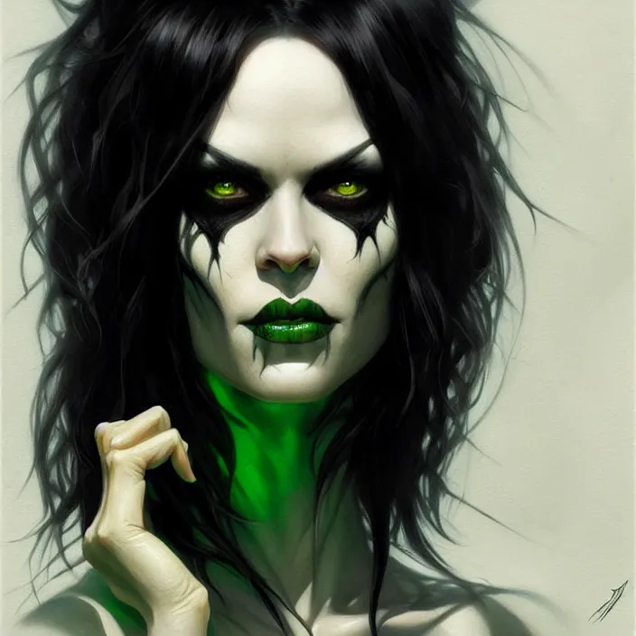 Prompt: portrait of death from sandman, black hair, green eyes, elegant, real life skin, intricate artwork, high detailed, artstation, concept art, smooth, sharp focus, art by artgerm and greg rutkowski @ ruprechy