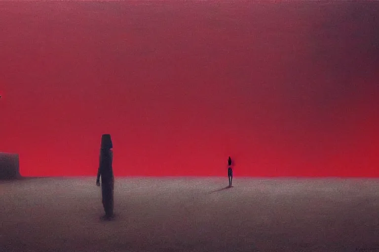 Image similar to only with red, a red god of death eat apple, a futuristic city on mars in background, an ancient path, pathos, in the style of beksinski, part by hopper, part by rodcenko, part by hofbauer, intricate composition, red by caravaggio, insanely quality, highly detailed, masterpiece, red light, artstation