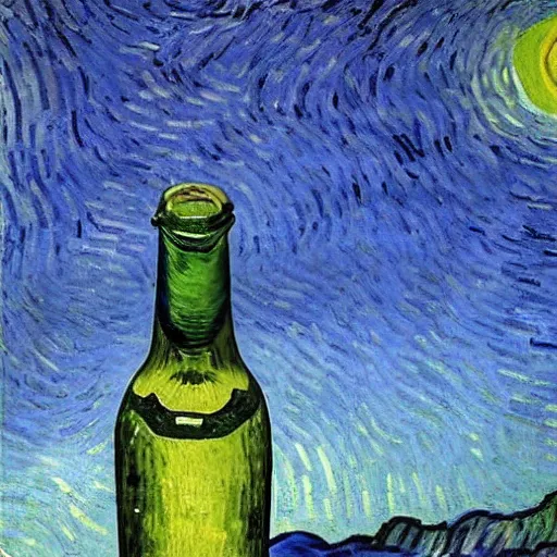 Image similar to a bottle on display filled by the sky painting by van gogh starry night, by van gogh