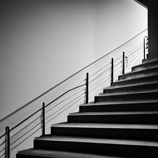 Image similar to black and white press photograph, highly detailed space of stairs, stairs and stairs, detailed textures, natural light, mist, architecture photography, film grain, soft vignette, sigma 8 5 mm f / 1. 4 1 / 1 0 sec shutter, darren aronofsky film still promotional image, imax 7 0 mm footage