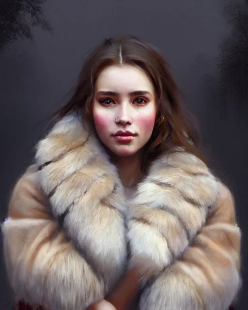 Image similar to a beautiful siberian girl with bear fur coat and decollete | | realistic shaded, unpleasant face, bad looking, fine details, realistic shaded lighting poster by greg rutkowski, magali villeneuve, artgerm, jeremy lipkin and michael garmash and rob rey