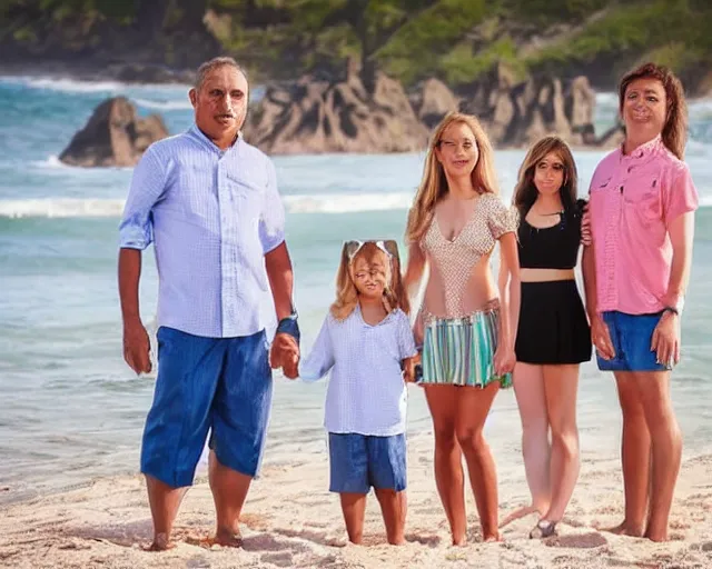 Image similar to happy father, mother, son, daughter, pose portrait on beach, realistic faces