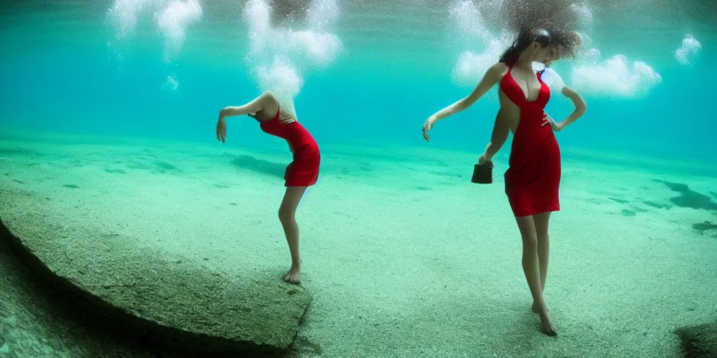 Prompt: underwater photography of beautiful model in flat dress by emmanuel lubezki