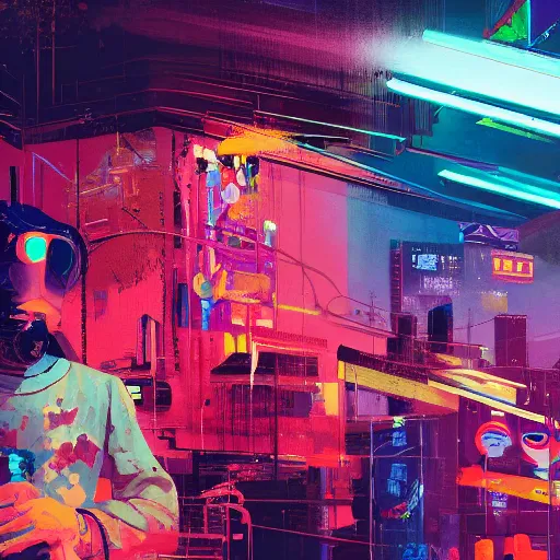 Prompt: cyberpunk character in abstract neon tokyo painting in a studio with other human figures in the style of wes anderson, craig mullins — ar 9 : 1 6