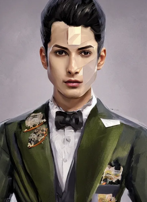 Image similar to a professional painting of a beautiful young prince, wearing an origami high fashion tuxedo, olive skin, buzzed short dark hair, beautiful bone structure, symmetrical facial features, intricate, elegant, digital painting, concept art, smooth, sharp focus, illustration, from Metal Gear, by Ruan Jia and Mandy Jurgens and Artgerm and William-Adolphe Bouguerea