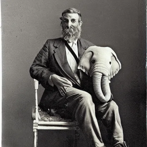 Image similar to a man on a chair with his miniature elephant on his lap