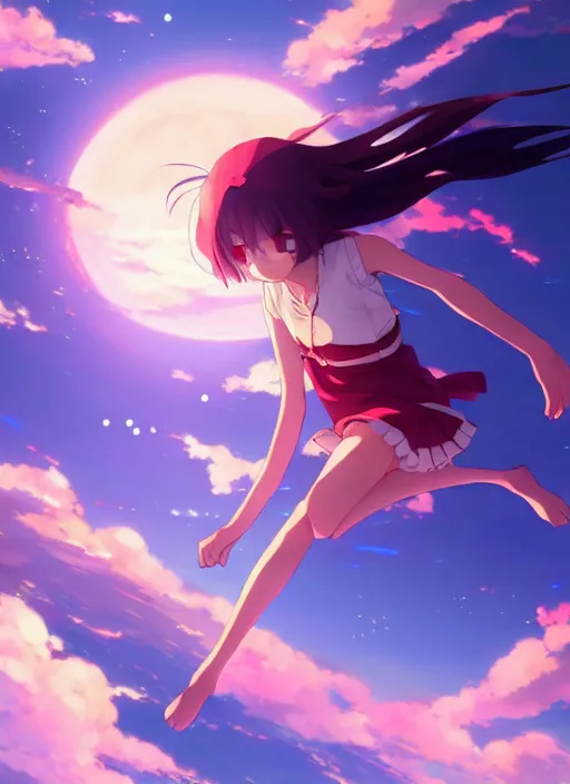 Image similar to anime girl flying in the sky against the backdrop of dawn, saturn in the background, illustration, concept art, anime, key visual, trending pixiv fanbox by wlop and greg rutkowski and makoto shinkai and studio ghibli