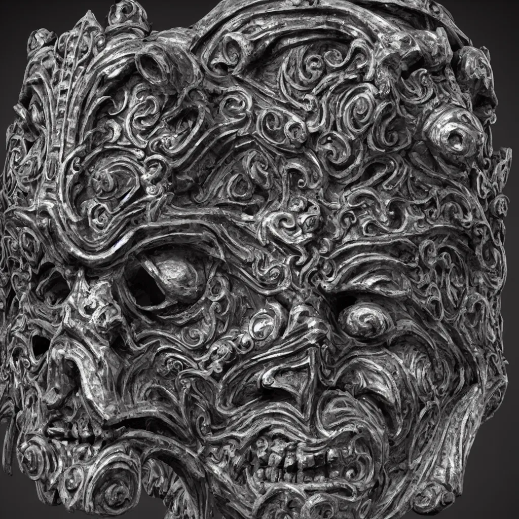 Prompt: an ominous dark ancient mask. hyper - detailed. gothic baroque. symmetric. epic. unreal render.