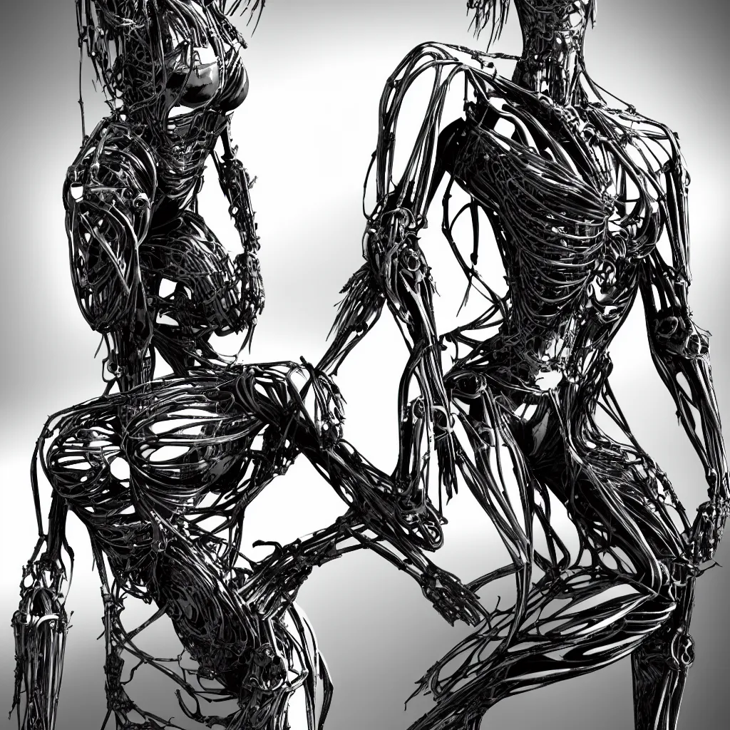 Image similar to a beautiful female is infected with a biomechanical suit, octane render, hyper realistic, art by hr giger and alvin schwartz, black and white, full body, epic angle