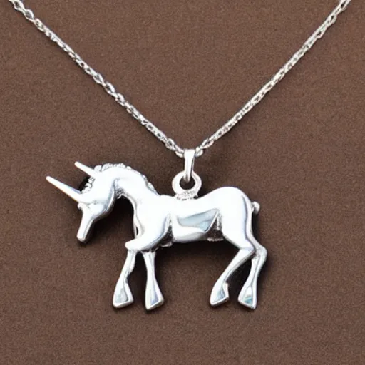 Prompt: a cute silver unicorn necklace pendant