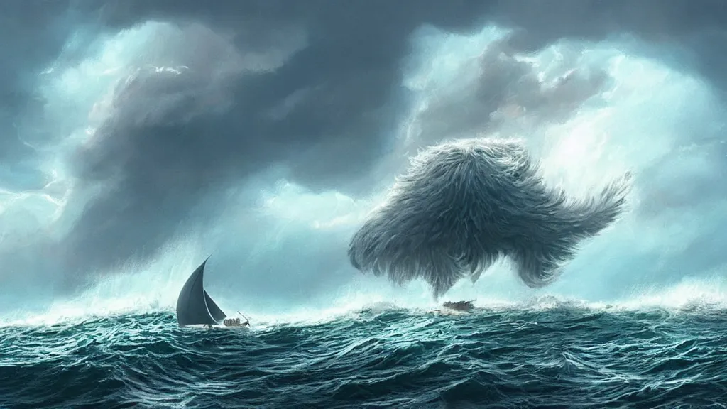 Image similar to a gigantic cat bursting out of a stormy sea attacking a small sail boat, wet fur, giant waves, sunbeams in background, intricate, detailed, volumetric lighting, sharp focus, scenery, photorealism, digital painting, highly detailed, concept art, by roger dean and simon stalenhag and mark brooks