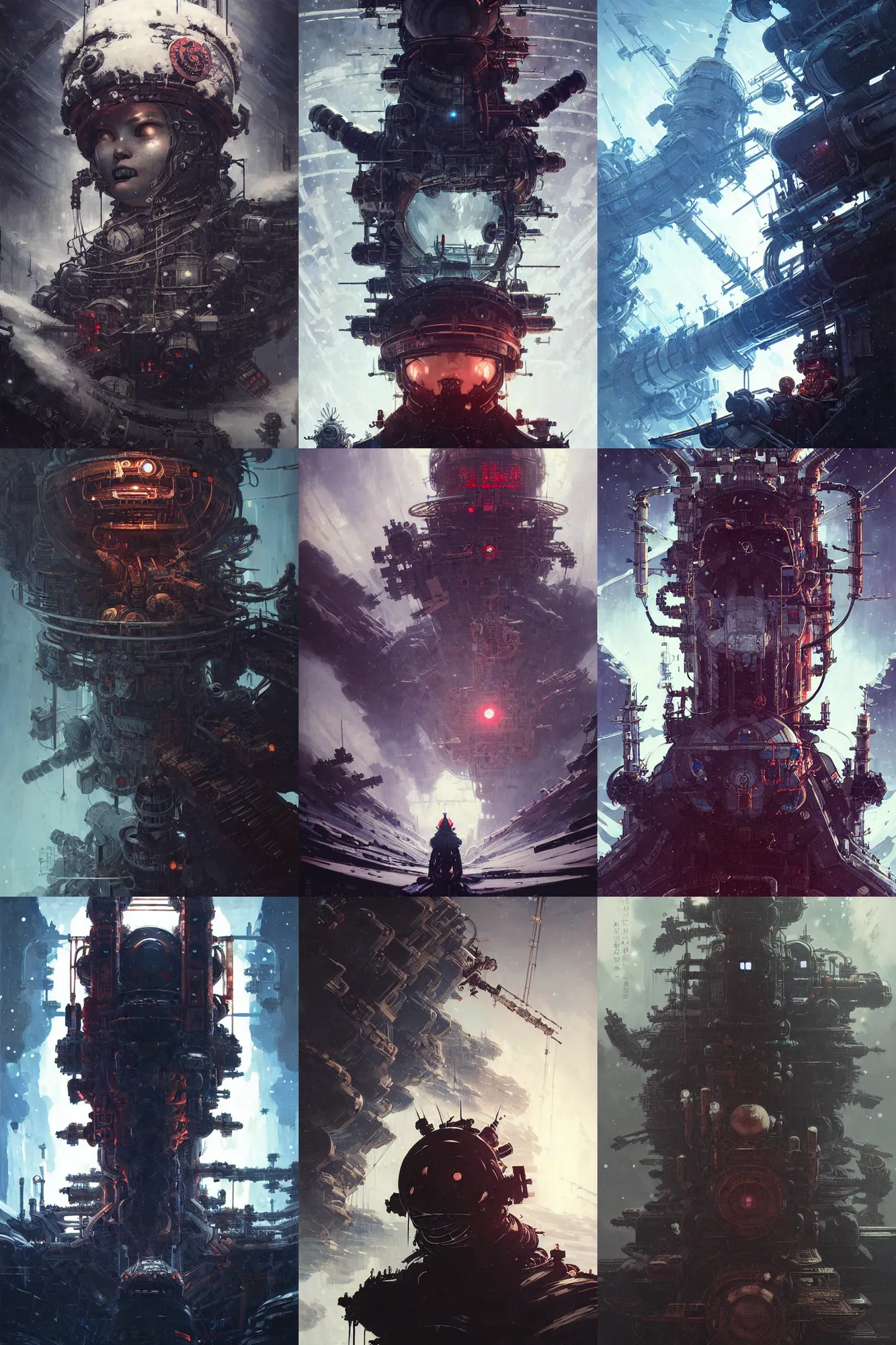 Prompt: portrait of frostpunk japanese space station, lots of insignias, realistic, hyper detailed, concept art, in style of pan ren wei, greg rutkowski, ilya kuvshinov, greg tocchini, james gilleard, joe fenton, kaethe butcher, chiaroscuro, anime aesthetic