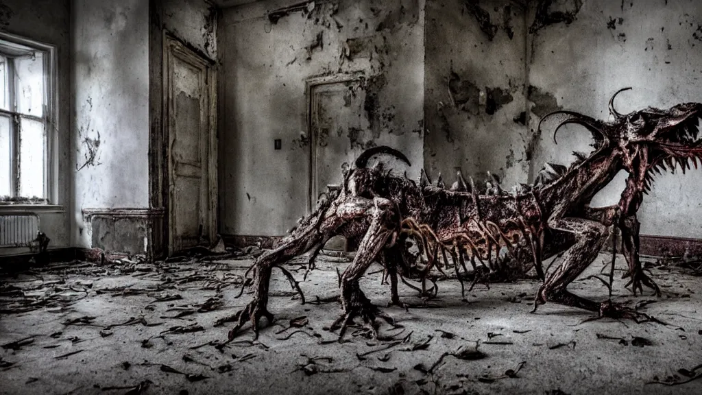 Image similar to a photograph of a decomposing thanatosdrakon in an old dilapidated mental hospital, scary, dark, hyper - detailed