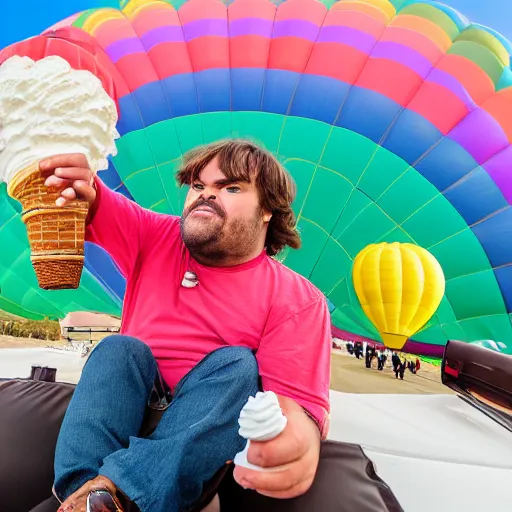 Image similar to jack black eating ice cream while riding in a hot air balloon with prince the musician, tv still, 8 k