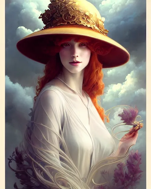 Image similar to Beautiful and playful ethereal ginger portrait, art nouveau, fantasy, with a hat made of clouds , elegant, highly detailed, sharp focus, art by Artgerm and Greg Rutkowski and WLOP