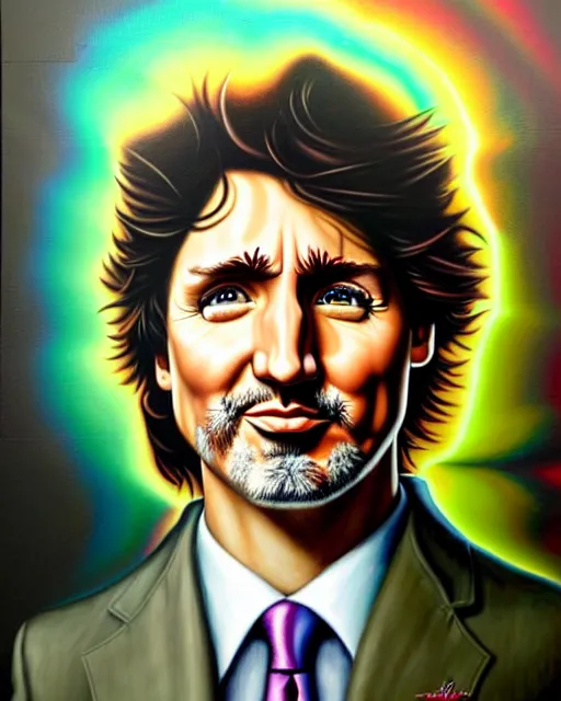 Image similar to detailed portrait of justin trudeau colorful socks!!! by tomasz alen kopera and peter mohrbacher and johanna martine! and margaret keane! coherent luminescent