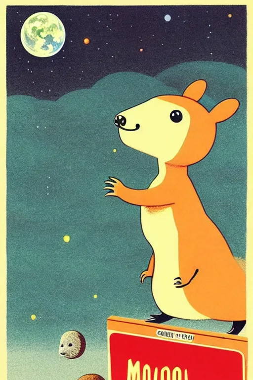 Image similar to by richard scarry. capybara on the moon. a 1 9 5 0 s retro illustration. studio ghibli. muted colors, detailed