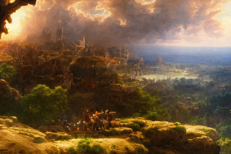 Image similar to an ultra detailed matte landscape painting of king richard the lionhearted as a shonen anime protagonist attacking jerusalem, 8 k, volumetric lighting, art by albert bierstadt and greg rutkowsi