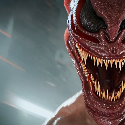 Prompt: Drake as Eddie Brock from Venom (2018), 4k, insanely detailed, teeth with small drops of red water