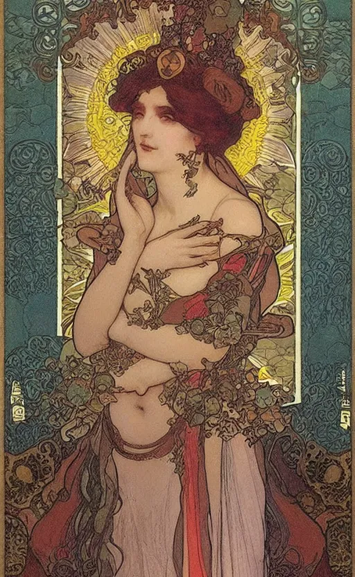 Image similar to the empress, tarot, beautiful border, by alfons maria mucha, highly detailded